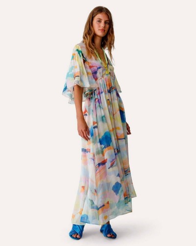 Jedwabna sukienka długa w kolorowy print