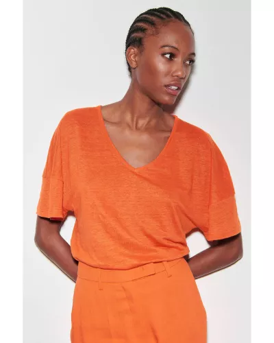 Pomarańczowy lniany t-shirt